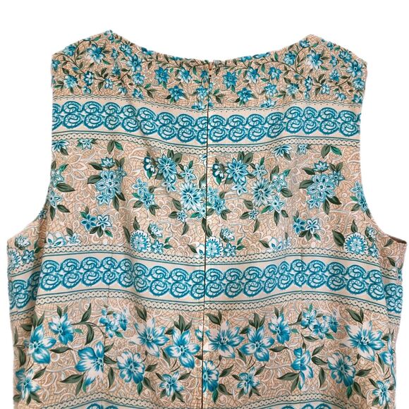 Midi Sleeveless Sheath Dress Floral Blue/Tan Women 18 Slit Career Koret Vintage - Picture 4 of 16